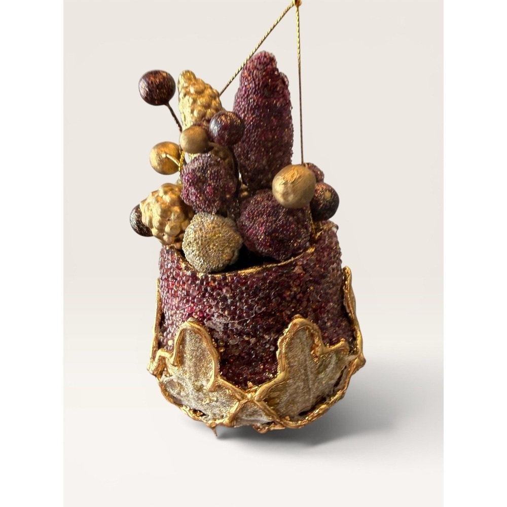 Sugared Sparking‎ Lgt Purple/Red Gold Fruit Basket Grapes Ornament 4.5" Vtg EUC
